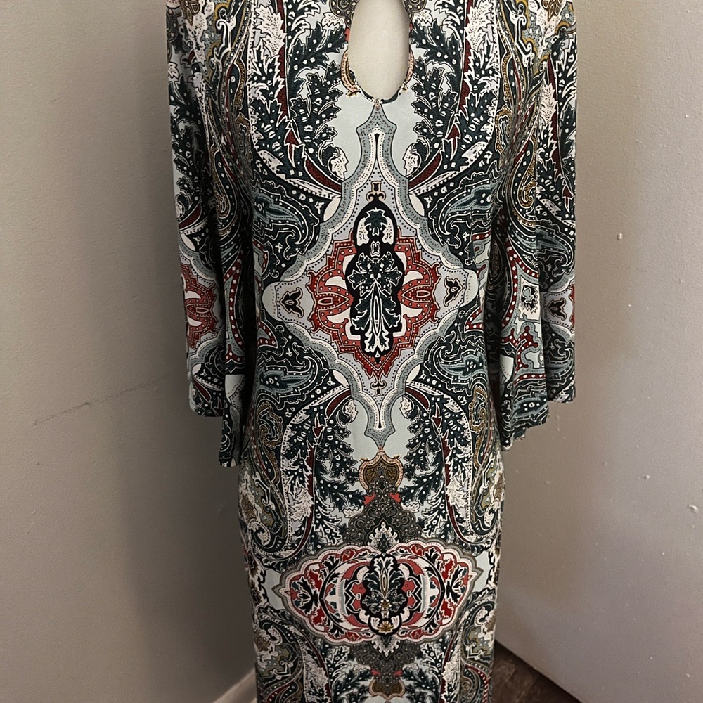 Chico's Teal, Burgandy and White Sheath Dress with Bell Sleeves - Picture 3 of 11